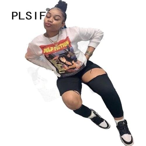 White O Neck Long Sleeve Cool Print Women Coat High Street Lady Fashion Women T Shirt Sexy Tight Club Party Top