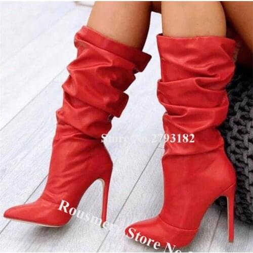 Women Elegant Pointed Toe Stiletto Heel Long High Heel Boots Red Leather Slip-on Loose Boots Club Dress Shoes Big Size Heels
