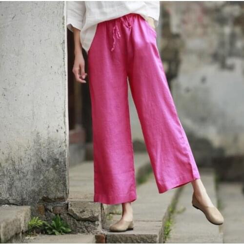 Women Linen Elastic Waist Solid Color Vintage Wide Leg Pants Female Loose Casual Retro Summer Trousers Ladies Simple Pants 2018