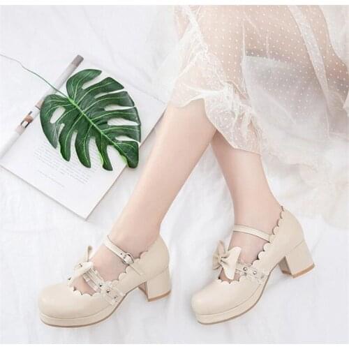 Round Toe Bow Ladies Shoes Pumps Sweet Girl Lace High Heels Woman Plus Size 30-46 Women Pumps Japanese Buckle Strap Lolita Shoes
