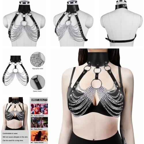Goth Leather Body Harness Chain Bra Tops Chest Waist Belt Witch Punk Fashion Metal Girl Festival Jewelry BDSM Accessories Bar We