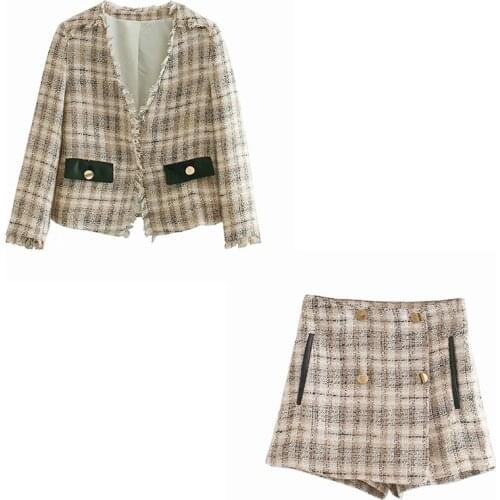 Xikom 2021 Tweed Two pieces set Women Vintage V Neck Long Sleeve Office Lady slim Blazer Coat Female Hight Waist ​Shorts suit