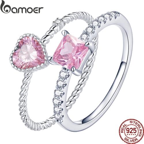 Bamoer Real 925 Sterling Silver Pink Love CZ Ring For Fashion Women Cute Fine Jewelry 2021 wedding Accessories Gift BSR157