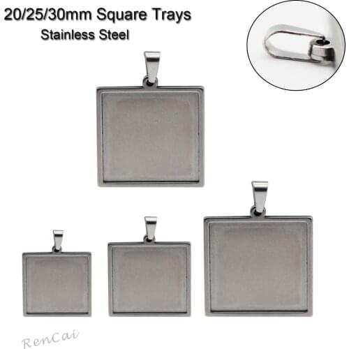 10pcs/lot 20/25/30mm Stainless Steel Square Tray Base Blank Cabochon Setting DIY Pendant Bezel For Jewelry Necklace Making