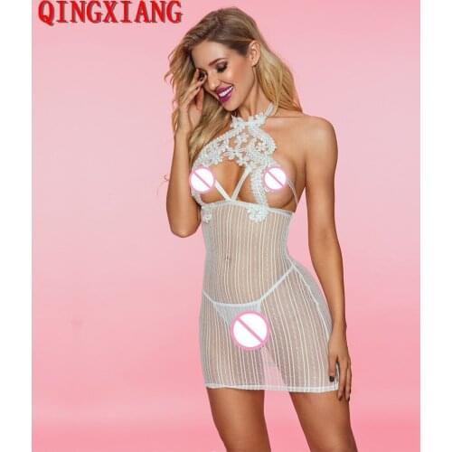 2021 Women Halter Lace Open Bra Sleepwear Hollow Out Sexy Striped Tulle Net Dress Pajamas Lingerie Backless Night Sleeping Gown