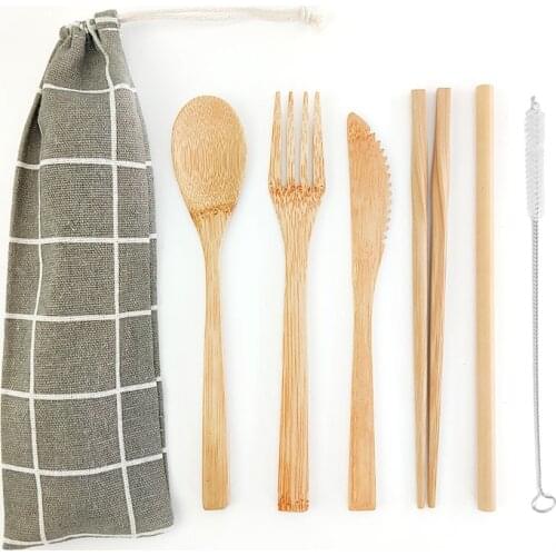 6Pcs/Set Portable Eco-friendly Japanese Style Wooden Fork Spoon Knife Cutlery Set With Cloth Bag Dropshipping