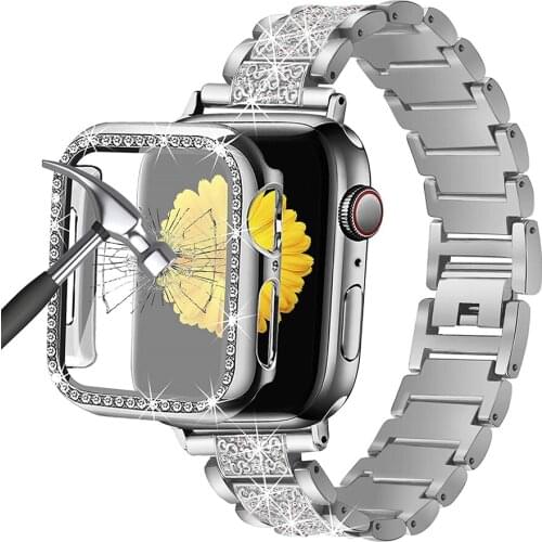 For Apple Watch Band 40mm with Case Women Jewelry Bling Diamond Metal Strap iWatch 6 5 4 SE Glass Cover for Apple Watch Bracelet