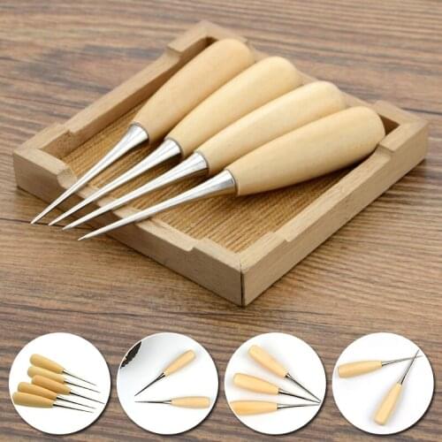 Wooden Handle Punch Awl Canvas Shoes Repair Threader Stitch Needle Hole Maker Cone Leather Craft Sewing Supplies