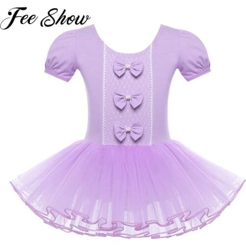 Girls Kids Mesh Short Sleeves Bowknots Ballet Dance Gymnastics Children Leotard Dress Fitness Gymnastics Wear Leotard Costume