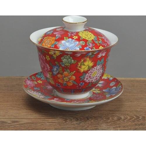 Porcelain enamel large cover bowl white porcelain overglaze color tea set tea bowl color painting palace style tea cup household