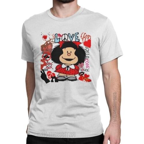 Love Peace Mafalda Hearts Mens T Shirt Vintage Tees Classic Short Sleeve O Neck T-Shirt Pure Cotton Clothes