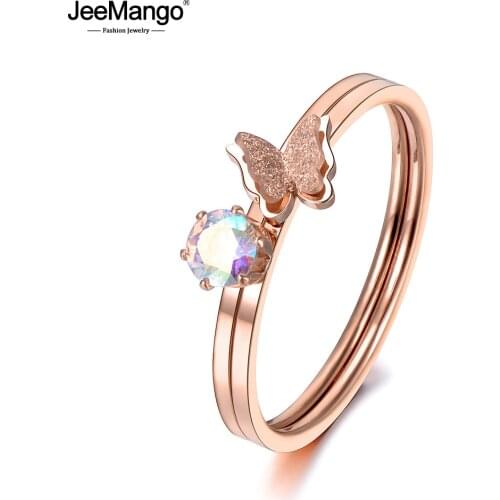 JeeMango Stainless Steel 2 In 1 Rings Buttfly Colored Zircon Ring Cute Rose Gold Color Jewelry For Valentines Day Gift JR18141