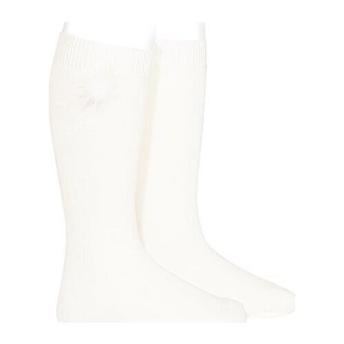 Cream plain knit high socks with tone pom pom application, from Condor