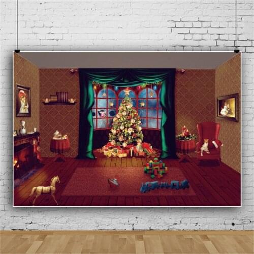 Laeacco Merry Christmas Baby Toys Party Tree Living Room Wood Floor Child Kid Portrait Interior Photo Background Photo Backdrops