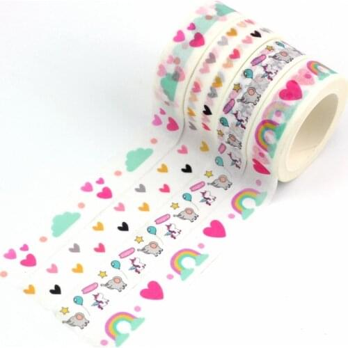 10m Decor Cute Japanese Paper Washi Tape Hearts Rainbow Clouds Elephant Pink Set DIY Planner Masking Tape School Office Supplies