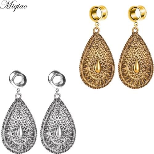 Miqiao 2pcs Retro New Stainless Steel Water Drop Carved Pattern Ears 6mm-25mm Body Exquisite Piercing Jewelry