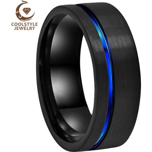 8MM Black Blue Wedding Band Tungsten Carbide Ring For Men Women With Offset Groove And Brushed Finish Comfort Fit