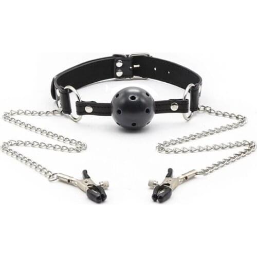 Couple Gag Ball BDSM Bondage Restraints Open Mouth Ball With Nipple Clip Breathable Harness Gag Adult Sex Toy for Women
