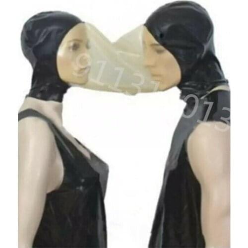 Sexy lovers lingerie unisex latext spliced transparent handmade latex double hoods couple mask cekc uniform fetish costumes