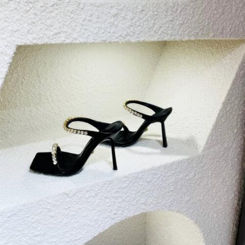 10cm Casual Designer fashion women shoes real leather black satin crystal high heels slingback sandalias de las mujeres mujer