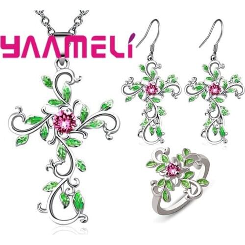 Excellent 925 Sterling Silver Jewelry Set Fantastic Eye-Catching Accessories Cross Pendant Necklace Dangle Earrings Elegant Ring