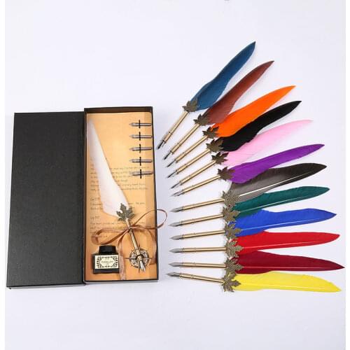 Retro Vintage Calligraphy Feather Pen Writing Pen Stationery Gift Box Wedding Birthday Gift Student Stationery High Quality Set