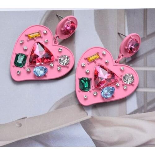 Luxury Pink Color Love Heart Pendants Drop Earrings Elegant Colorful Crystal Earring Fashion Jewelry Accessories For Women