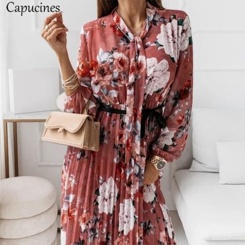 Capucines Boho Flowers Print Pleated Midi Chiffon Dress Autumn Bow Tie Long Sleeves Belt Elegant Fashion Dresses For Women 2021