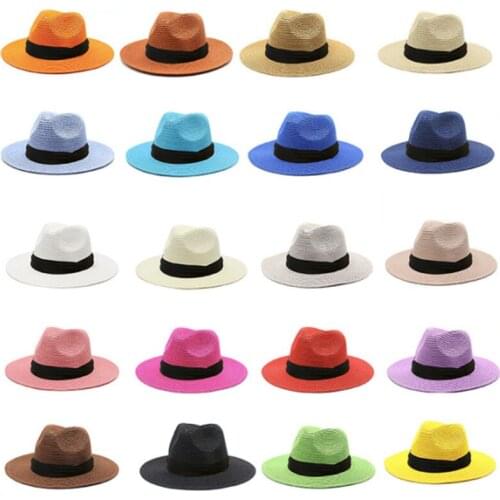 Straw hat sun hat wide brim panama flat brim hat fedora beach 20-color sun hat wholesale and retail 2021 summer ladies hat