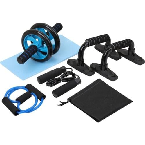 5-in-1 Muscle Trainer Wheel Roller Kit Abdominal Roller With Tensioner Push UP Bar Jump Rope Knee Pad Gym Home Fitness Equipment
