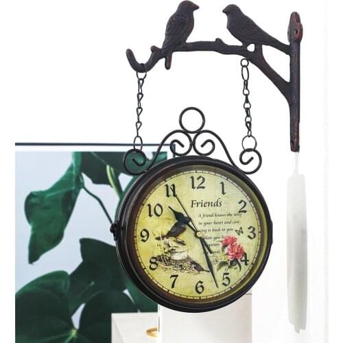 Vintage Mute Double Sided Wall Bracket Clock Metal Hanging Clock European Clock Gift Office Home Living Room Decoration