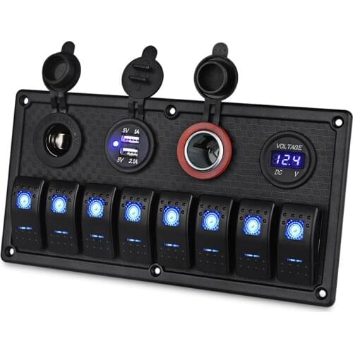 Waterproof Boat Marine Switch Panel + USB Power Socket + Dual Cigarette Lighter + Led Voltmeter 8 Gang Car Rocker Switch Panel