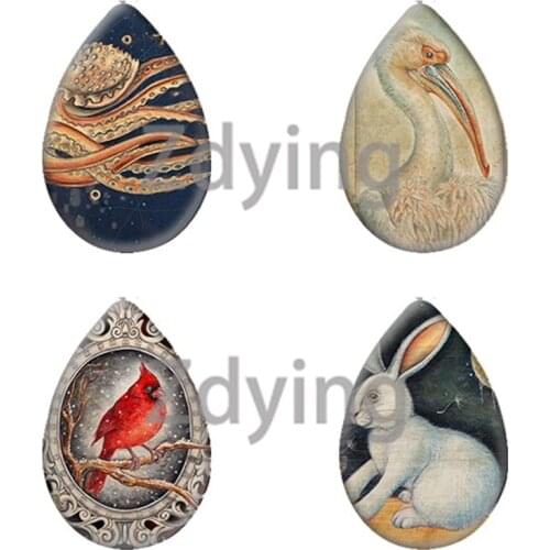 Zdying 10pcs Retro Animals Bird Whale Hedgehog Owl Pattern Tear Drop Shape Glass Cabochon For Base Tray Jewelry Findings