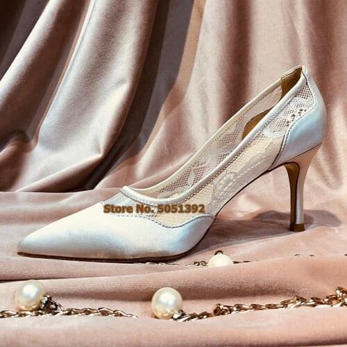 Women High Heel Mesh Shallow White Hollow-Out Lace Stitching wedding Shoes Leather Pointed Toe Stiletto Bridal Bridesmaid Shoes