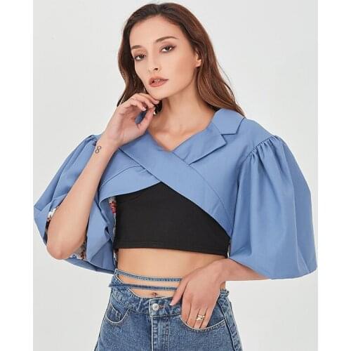 2021 New Puff Sleeve For Female Blazer Coat Lapel Collar Asymmetric Inner Lining Print Cropped Woemns Sexy Blazer Coat