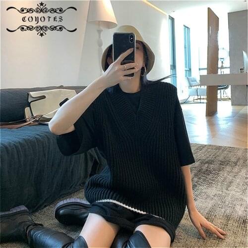Sweater Vest Women Knitted Solid Sweaters Vests Womens BF Harajuku Korean Style Streetwear Loose Autumn Black Sleeveless Fashion
