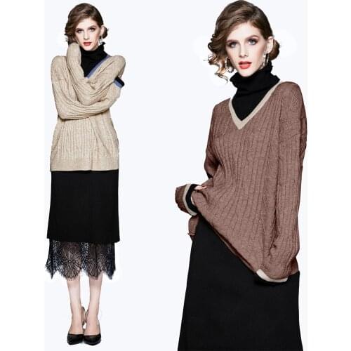 2020 New Women Set Pullovers With Skirts Office Lady Knitted V-Neck Full Sweater Cotton Elegant Set Women Loose Solid Winter Set