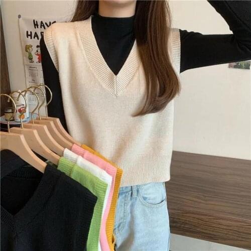 Women Sweater Vest Spring 2021 Autumn Women Short Loose Knitted Sweater Sleeveless Ladies V-Neck Pullover Tops Female Outerwear