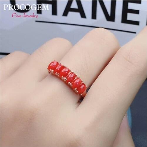Simple PROCOGEM Trendy Natural Tourmaline Red Coral Ring for Women Gifts 3x5mm vvs Real gemstones Fine jewelry Rings S925 Silver