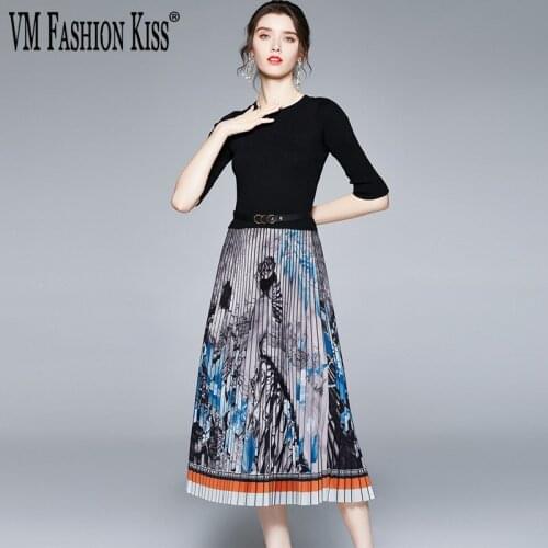 VM FASHION KISS 2021 Pleated Foral Satin Dress Women Flower Print Regular Sleeve Pearls Office Lady High Waist Long Sleeve Dress