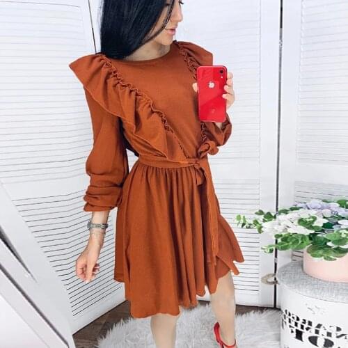 Women Vintage Ruffled Sashes A-line Party Dress Long Sleeve O neck High Street Elegant Casual Mini Dress 2021 Winter New Dress
