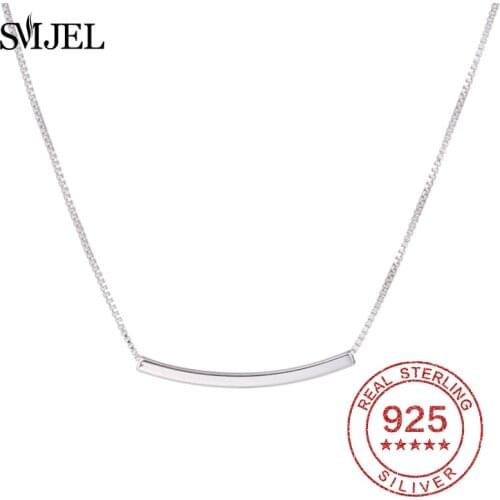 100% 925 Sterling Silver Long Bar Necklace for Women Minimalist Smile Bar Pendant Necklace Geometric Charm Choker Jewelry S925