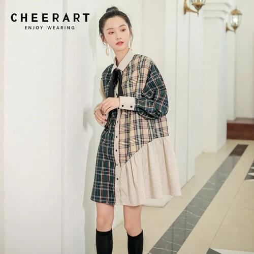 CHEERART Vintage Plaid Long Sleeve Mini Shirt Dress Patchwork Button Up Autumn Dress Women Ruffle Short Dress 2019