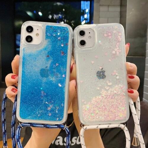 Sequins Quicksand Hanging Rope Crossbody TPU Case for iPhone 11 Pro Max XR X XS Max 8 7 6S Shining Dynamic Liquid Glitter Cover