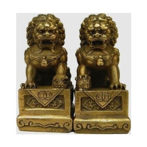 Arts Crafts Copper A Pair of China Chinese Brass Folk Fengshui Foo Fu Dog Guardion Door Lion Statue sculpture