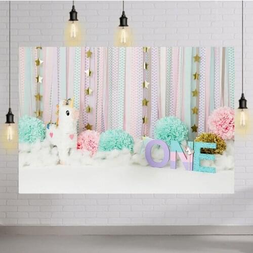 Unicorm Theme Newborn Baby Photoshoot Backdrop for Photography Studio Children Cake Smash Portrait White Clouds 1st Birtdhay