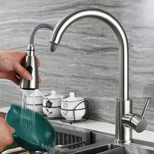 Hot Single Hole Pull-out Kitchen Faucet Kitchen Accessories Rotatable Brushed Stainless Steel Sink Tap Mixer Household Tap