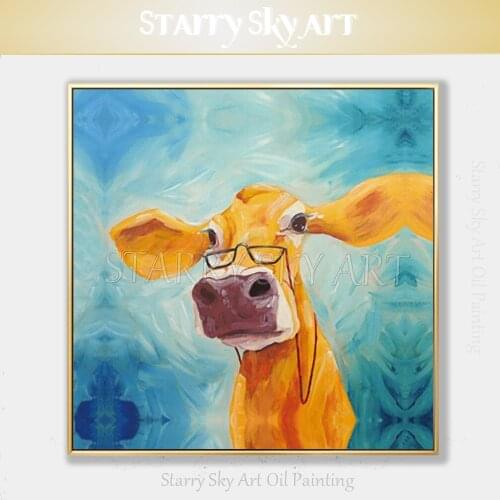 Excellent Painter Pure Hand-painted Funny Animals Cows Oil Painting on Canvas Lovely Cows Acrylic Painting for Wall Decoration