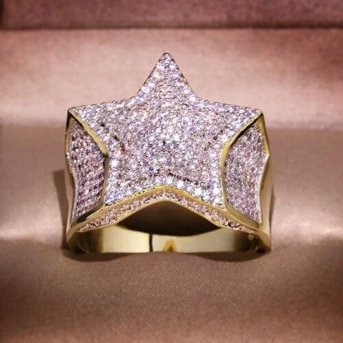 Gold Bling Star Pentagram Ring with Zircon Stone Hip Hop Fashion Jewelry for Women Man Wedding Engagement Ring