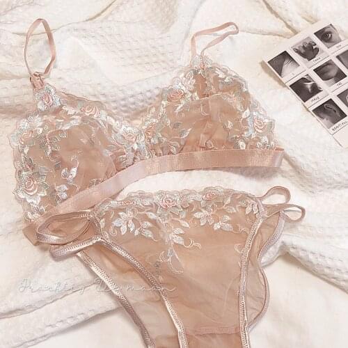 French Embroidery Full Lace Bralette Fantasy Triangle Cup Wire Free Strap Small Bra Set Ultra-Thin Women Sexy Bras Panties Sets